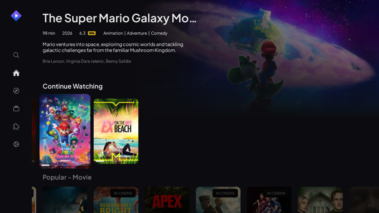 Home screen showing The Super Mario Galaxy Movie and a Continue Watching row