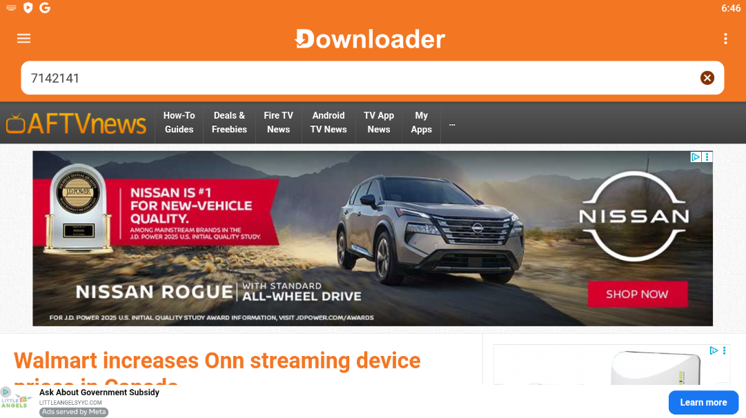 Downloader's URL bar with the Stremio install code typed in