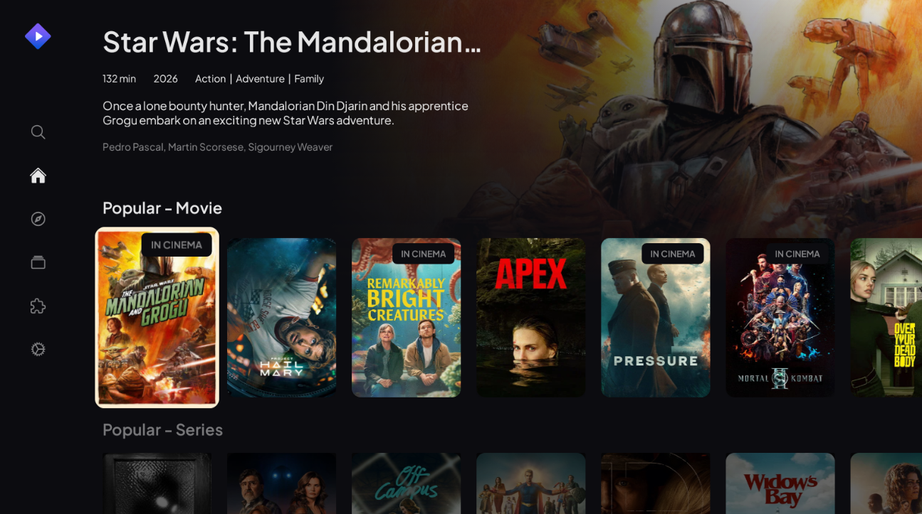 Stremio home screen featuring The Mandalorian with a 'Popular - Movie' row underneath