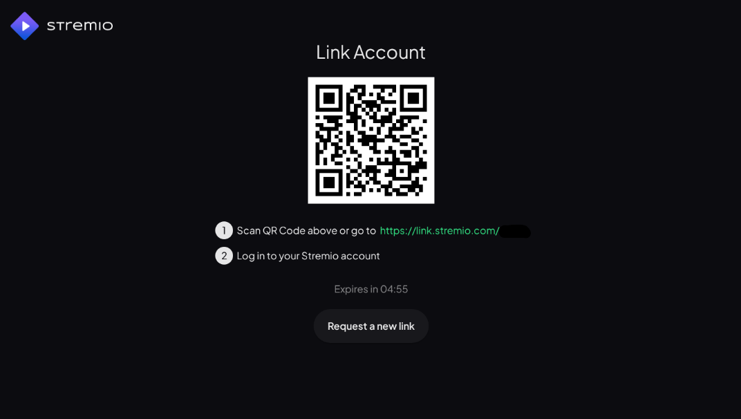 Stremio's Link Account screen with a QR code and instructions to scan or visit link.stremio.com