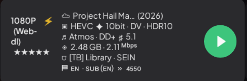A single Stremio stream tile zoomed in, showing 1080P Web-dl, HEVC 10bit DV HDR10, Atmos DD+ 5.1, 2.48 GB at 2.11 Mbps, source TB Library SEIN