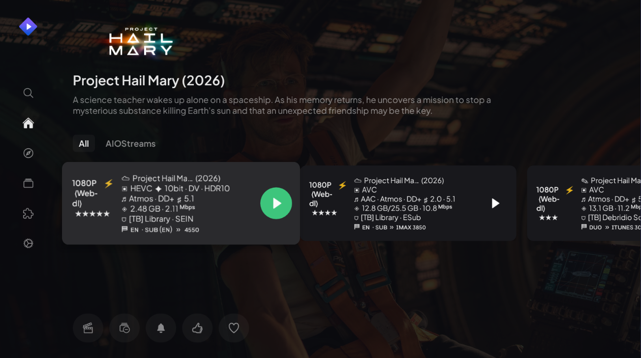 Project Hail Mary stream list with multiple 1080P options